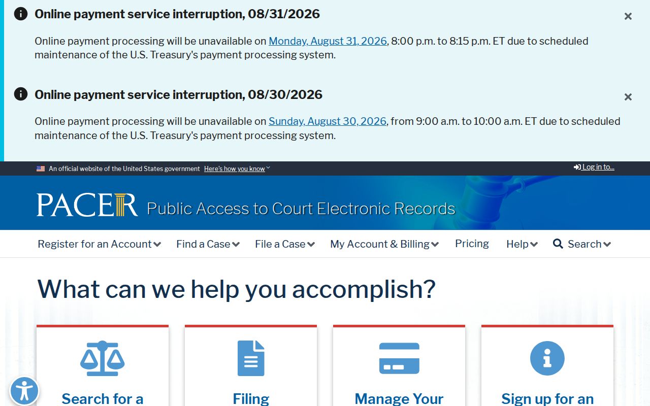PACER public-access service interface for federal case records