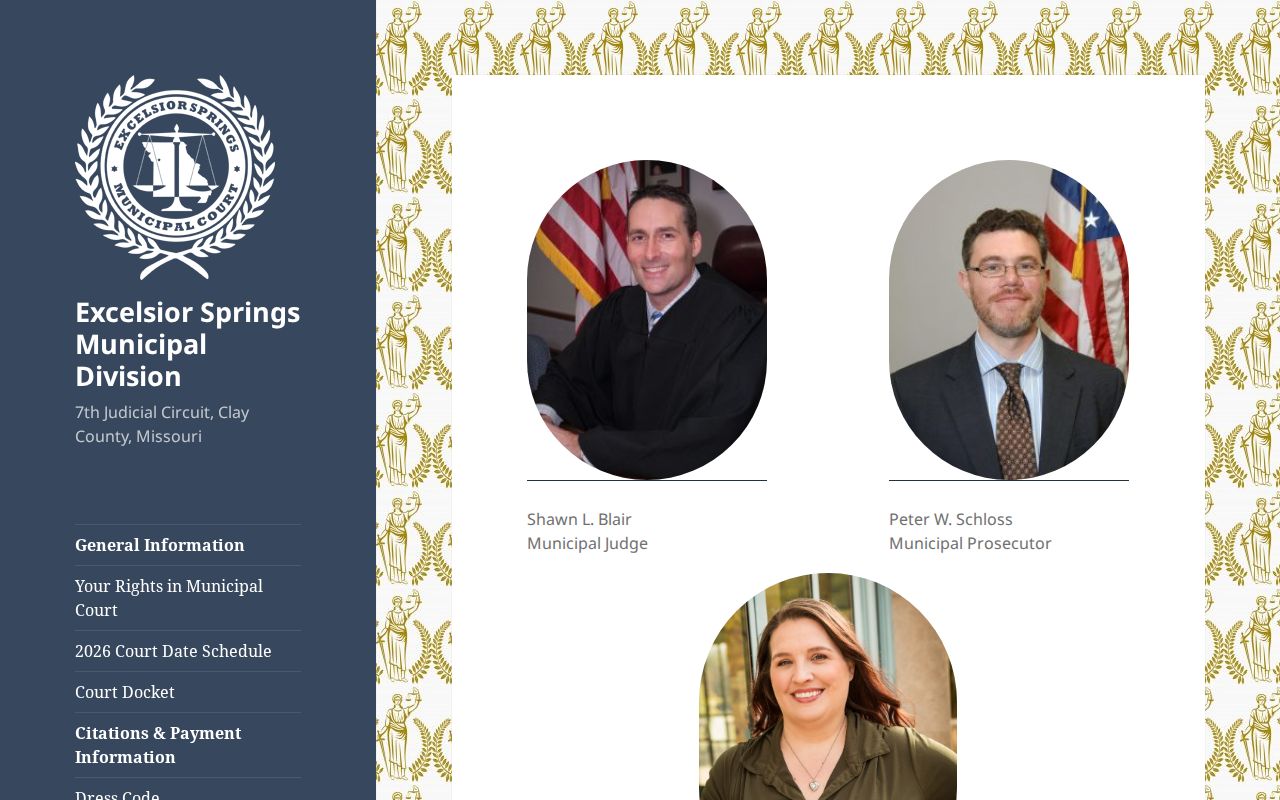 Excelsior Springs Municipal Court page with municipal calendar and court instructions