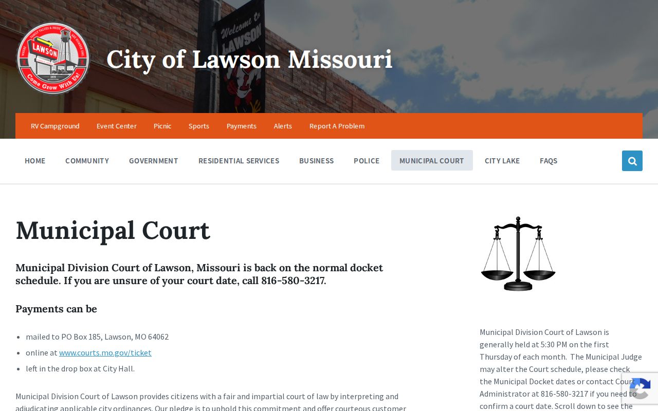 Lawson Municipal Division page showing local court calendar information